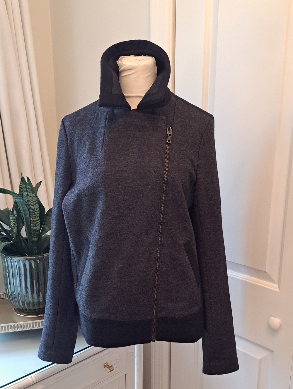 J. Crew Womens Motorcycle Dark Gray Wool/Black Trim Asymmetrical Zip Jacket 8